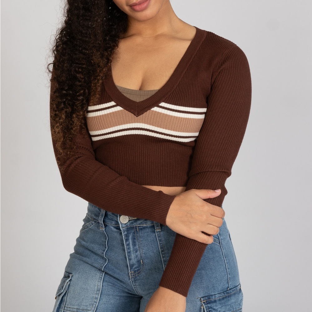 Streetwear Society Ribbed V Neck Stripe Sweater
